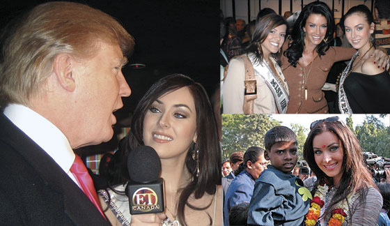 KEEPING UP APPEARANCES: (Above) Natalie interviews Miss Universe co-owner Donald Trump on behalf of Entertainment Tonight Canada on the red carpet at the launch party for Mr. Trump's latest venture, a travel web site. (Above right) Natalie visits with children from the Great Indian Dream Foundation in Delhi, whose mission is to provide education to disadvantaged children. (Above right-top) Natalie appears with fashion model Janice Dickinson and Miss USA 2005 Chelse Cooley at the Heatherettes fashion show during Fashion Week in New York City.